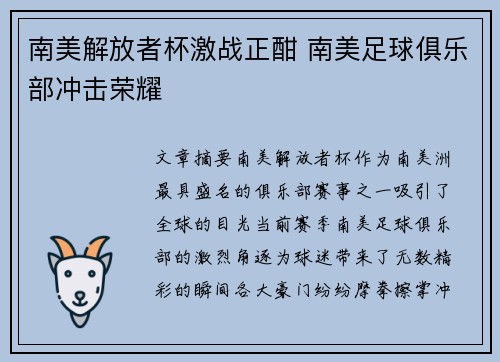 南美解放者杯激战正酣 南美足球俱乐部冲击荣耀