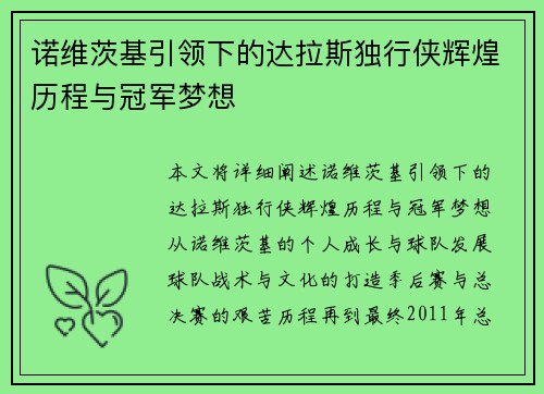 诺维茨基引领下的达拉斯独行侠辉煌历程与冠军梦想